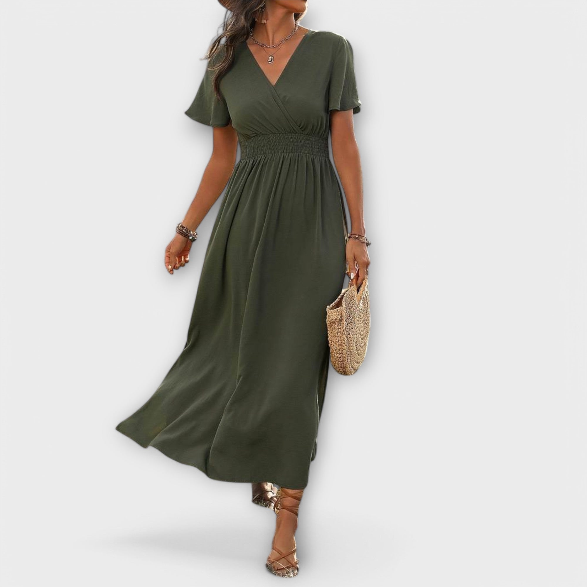Heather | Elegant boho-klänning med V-ringning och långa ärmar
