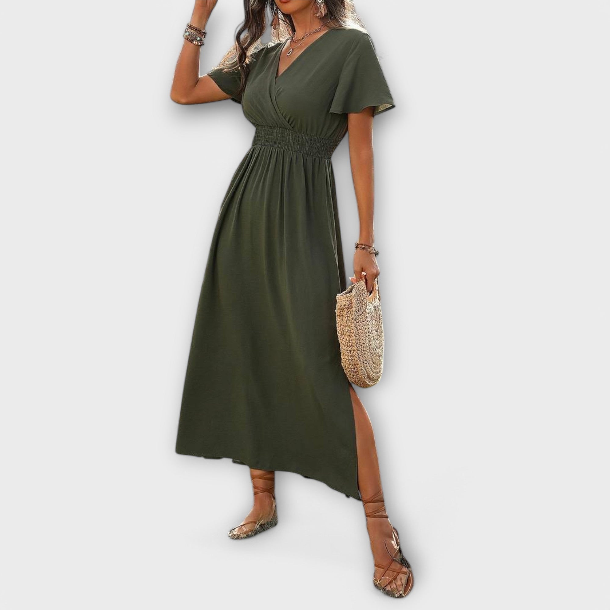 Heather | Elegant boho-klänning med V-ringning och långa ärmar
