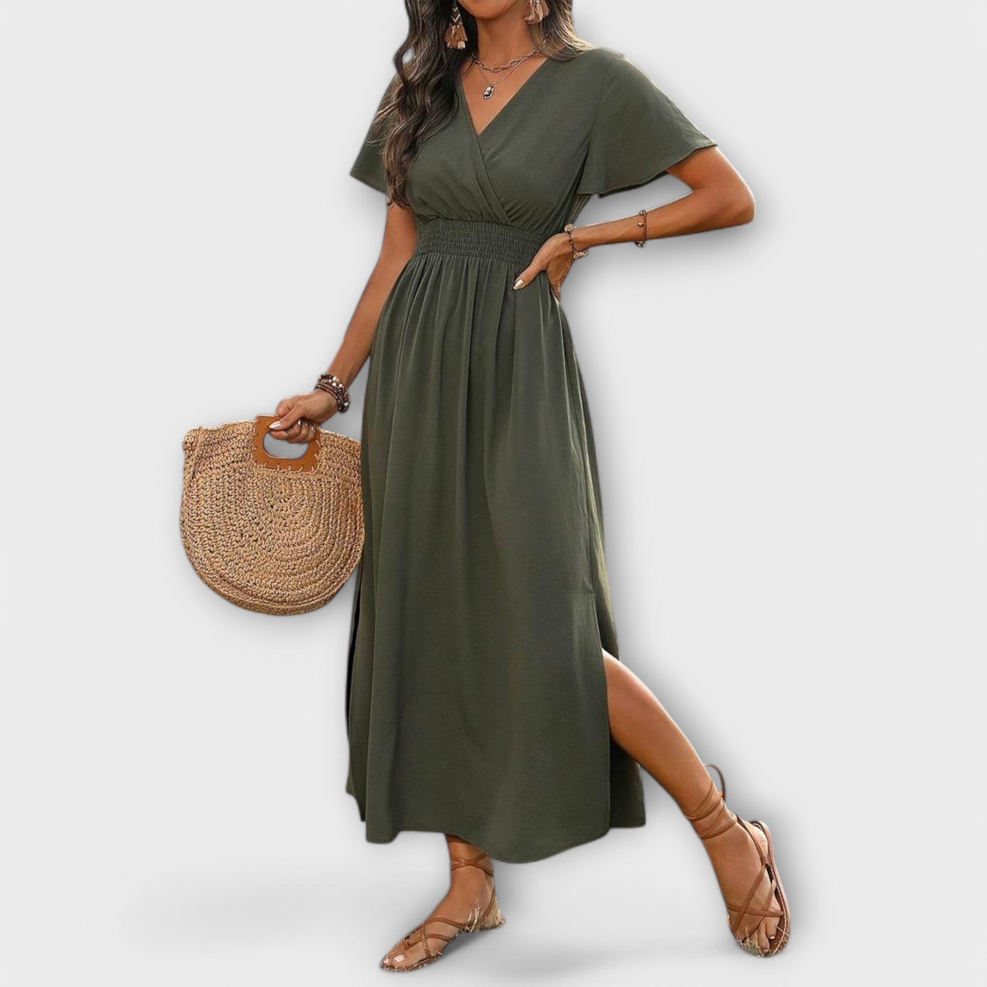Heather | Elegant boho-klänning med V-ringning och långa ärmar