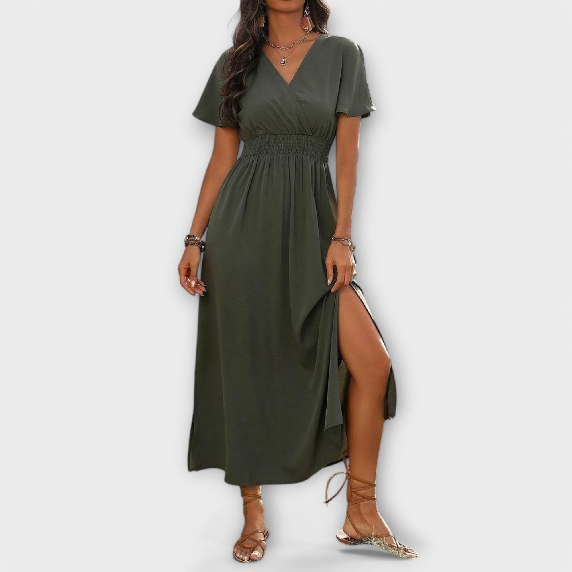 Heather | Elegant boho-klänning med V-ringning och långa ärmar