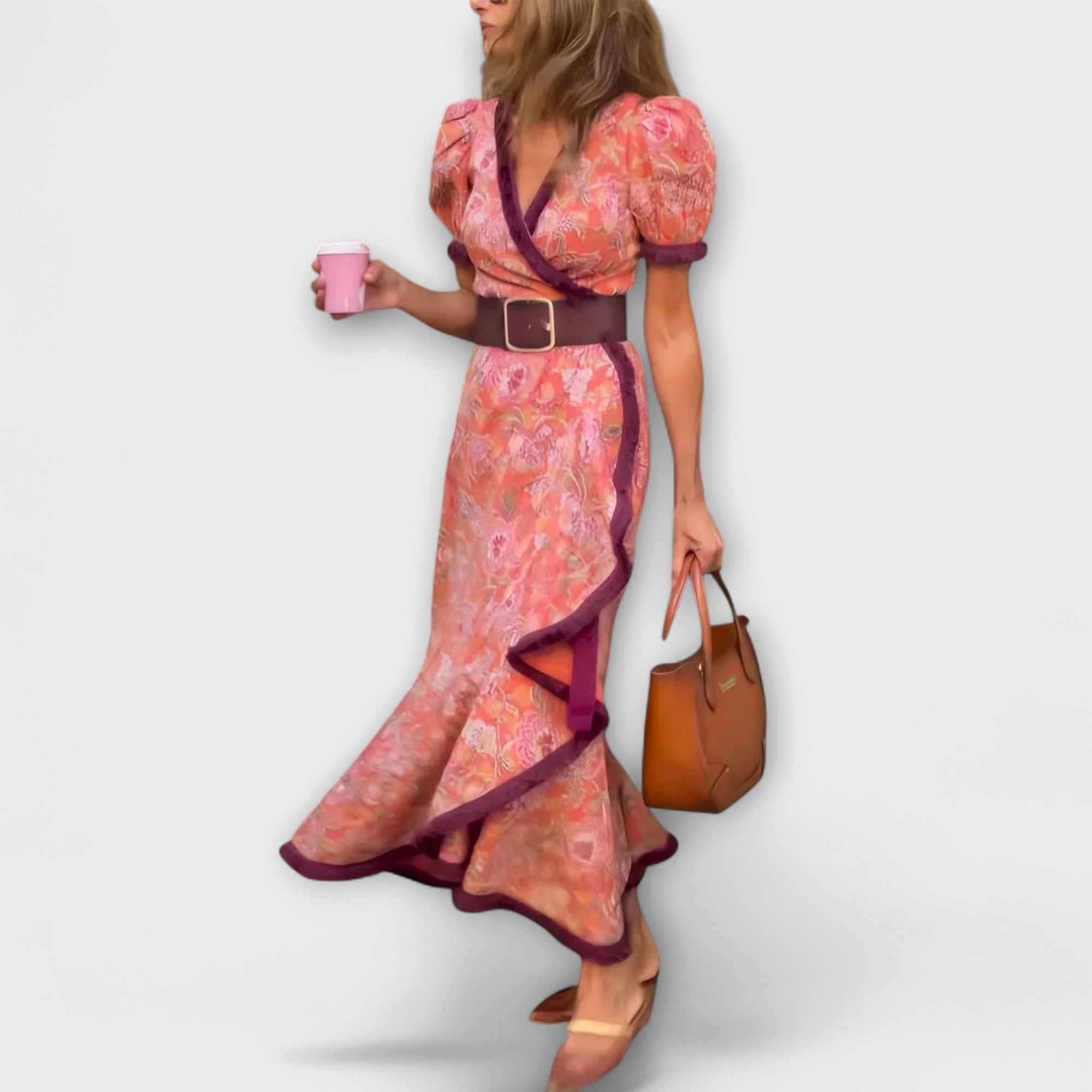 Rosaline | Elegant rosa maxiklänning med korta ärmar