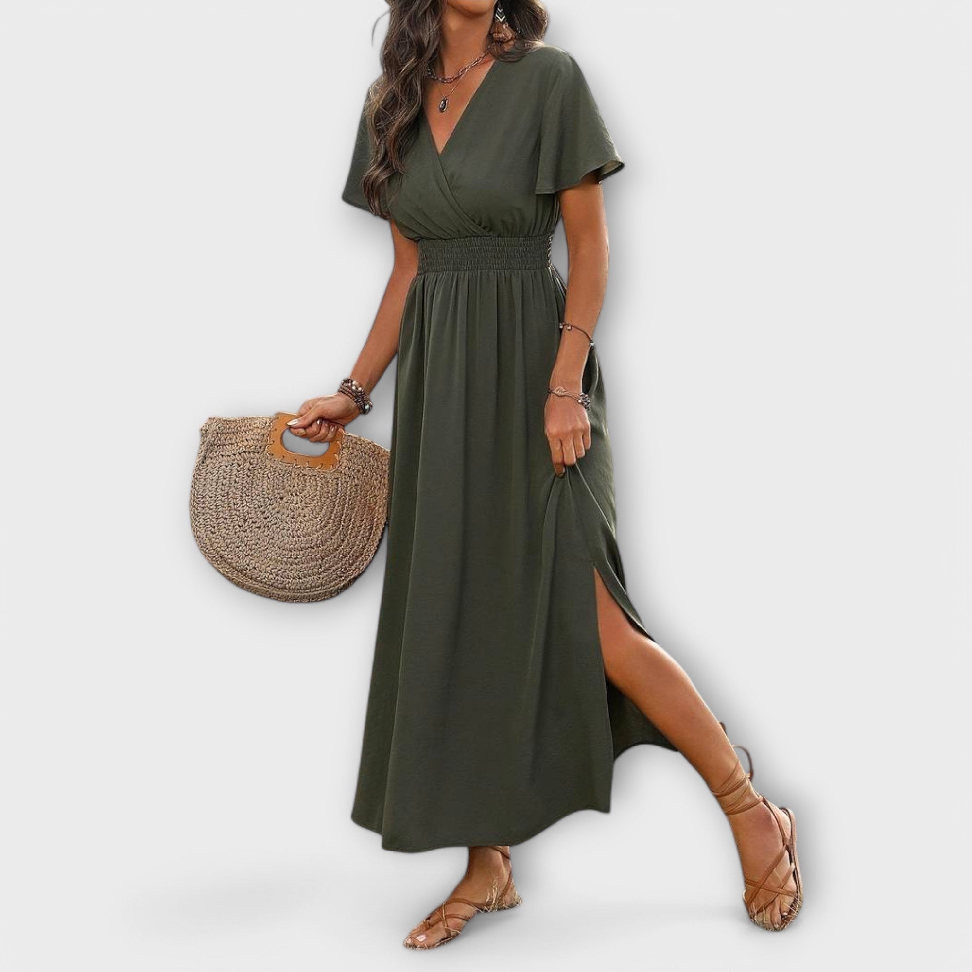 Heather | Elegant boho-klänning med V-ringning och långa ärmar