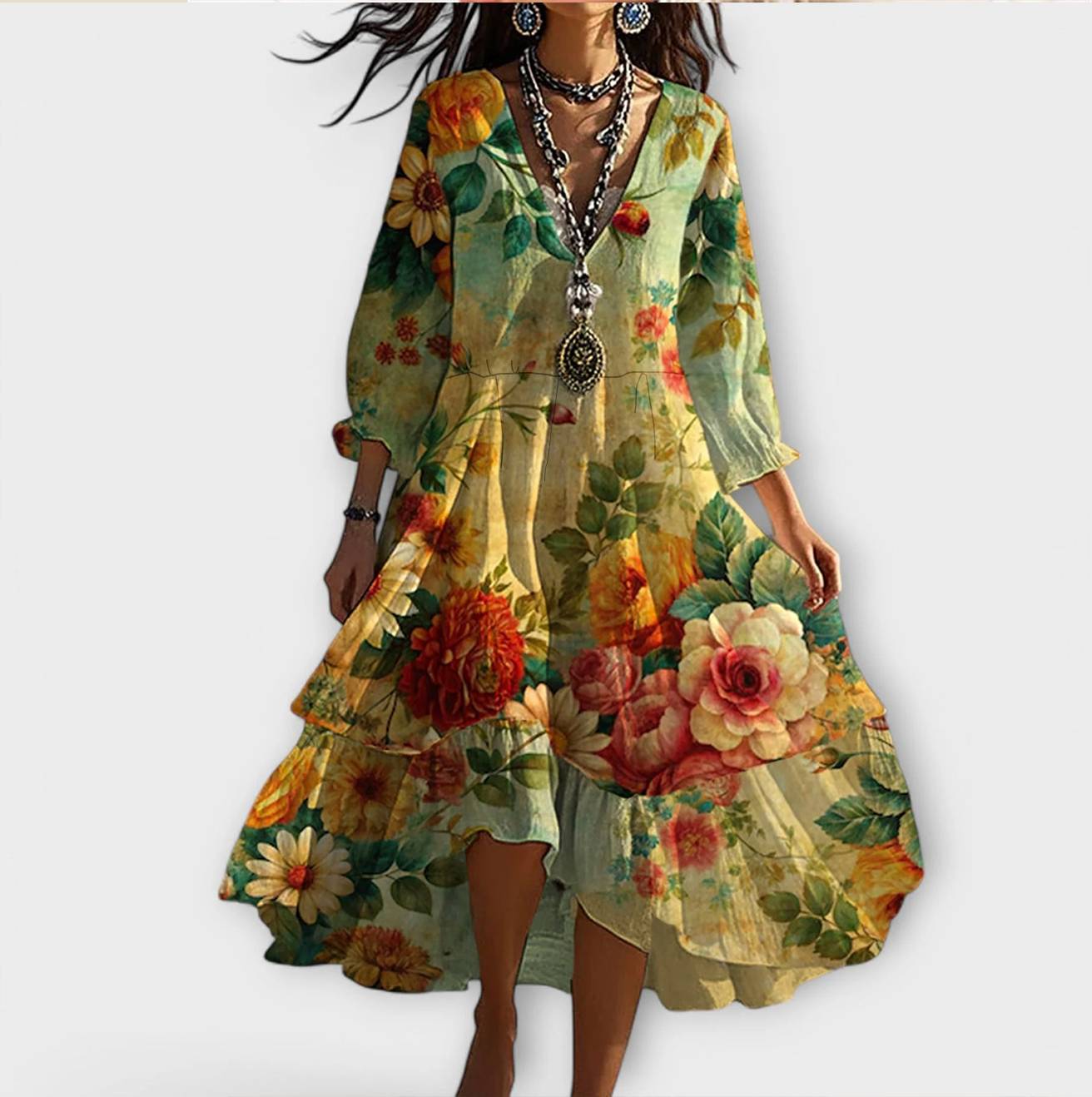 Marina | Vintage Boho blommönster V-ringad klänning
